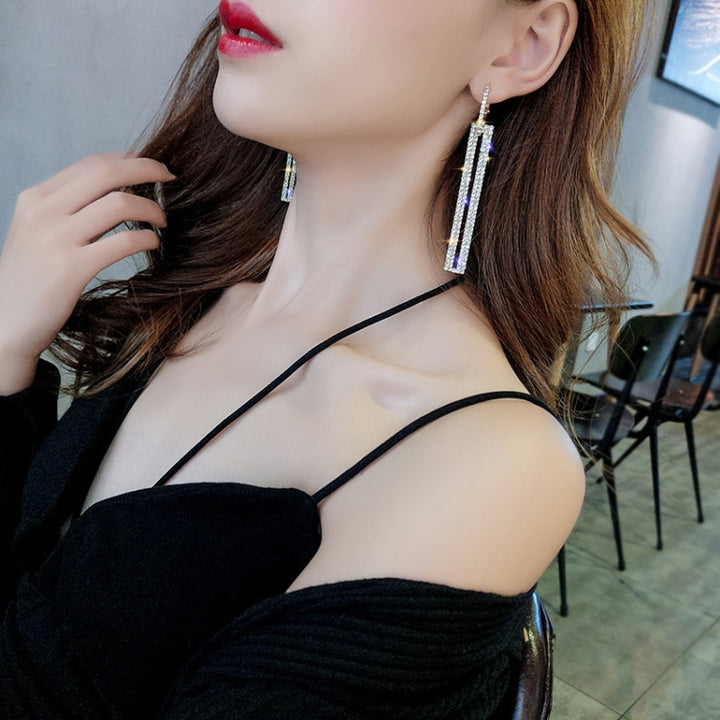 Fashion Long Geometric Drop Earrings Luxury Gold Silver Color Rectangle Rhinestone Earring, Blue, Gold, Rose Gold, Silver