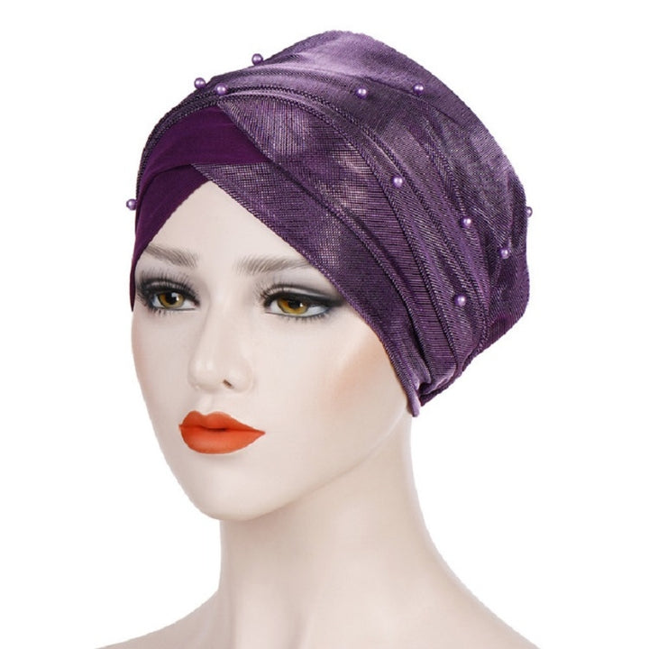 Women Beaded Two-color Turban Hat Bright Silk Cloth Hooded Cap