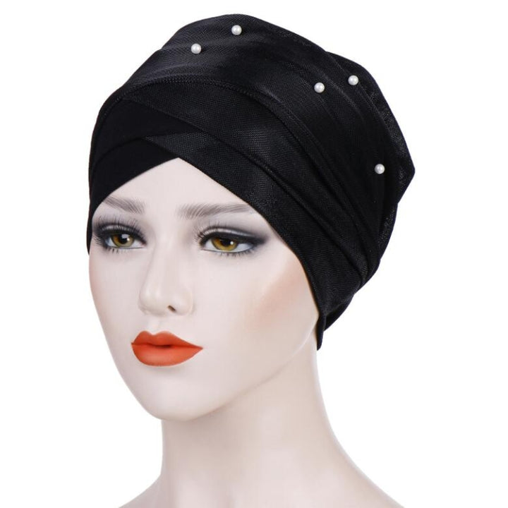 Women Beaded Two-color Turban Hat Bright Silk Cloth Hooded Cap