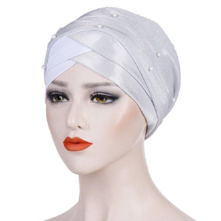 Women Beaded Two-color Turban Hat Bright Silk Cloth Hooded Cap