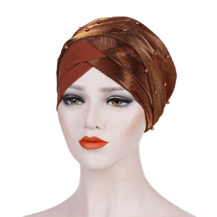 Women Beaded Two-color Turban Hat Bright Silk Cloth Hooded Cap