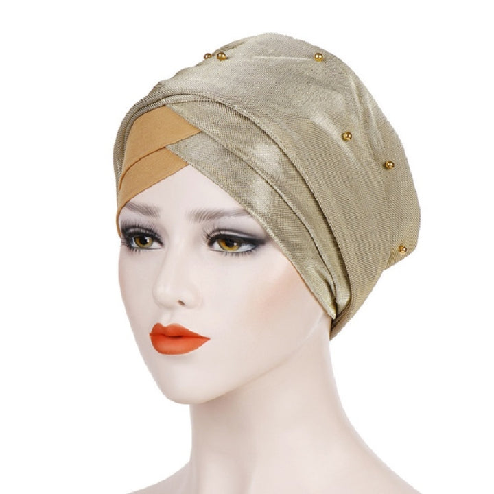 Women Beaded Two-color Turban Hat Bright Silk Cloth Hooded Cap