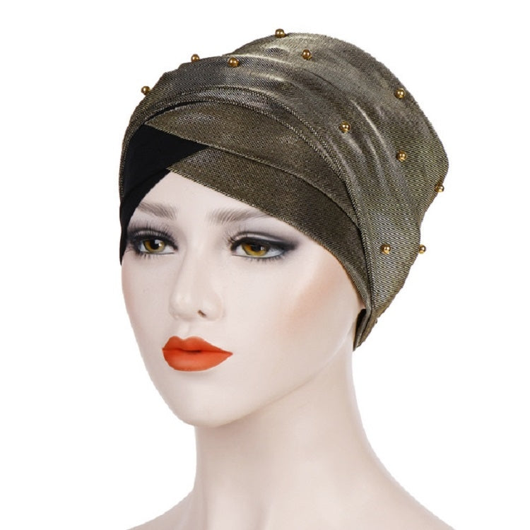 Women Beaded Two-color Turban Hat Bright Silk Cloth Hooded Cap