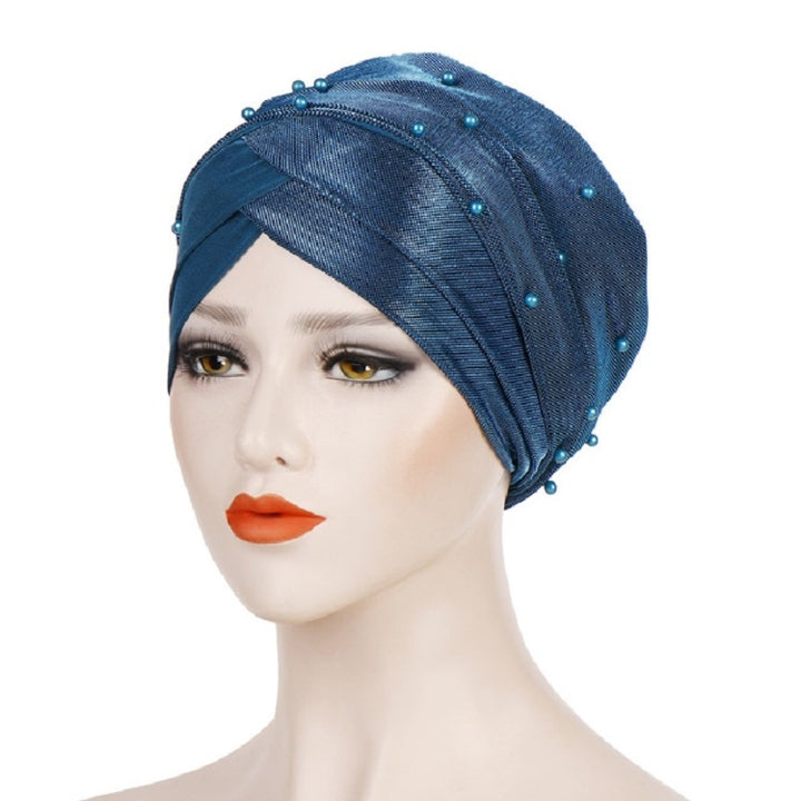 Women Beaded Two-color Turban Hat Bright Silk Cloth Hooded Cap