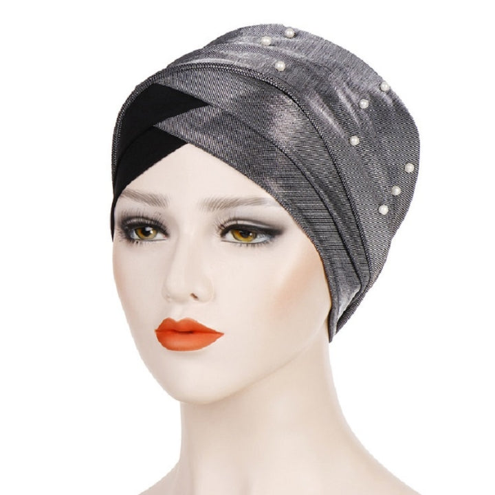 Women Beaded Two-color Turban Hat Bright Silk Cloth Hooded Cap