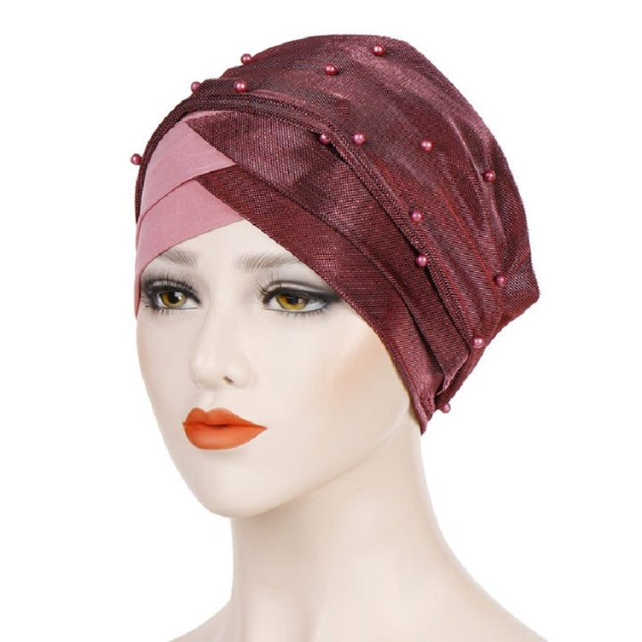 Women Beaded Two-color Turban Hat Bright Silk Cloth Hooded Cap