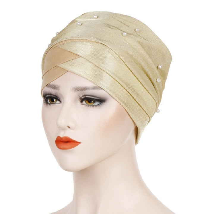 Women Beaded Two-color Turban Hat Bright Silk Cloth Hooded Cap