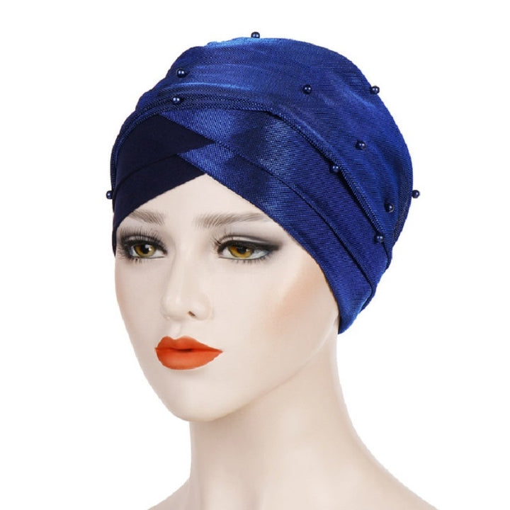 Women Beaded Two-color Turban Hat Bright Silk Cloth Hooded Cap