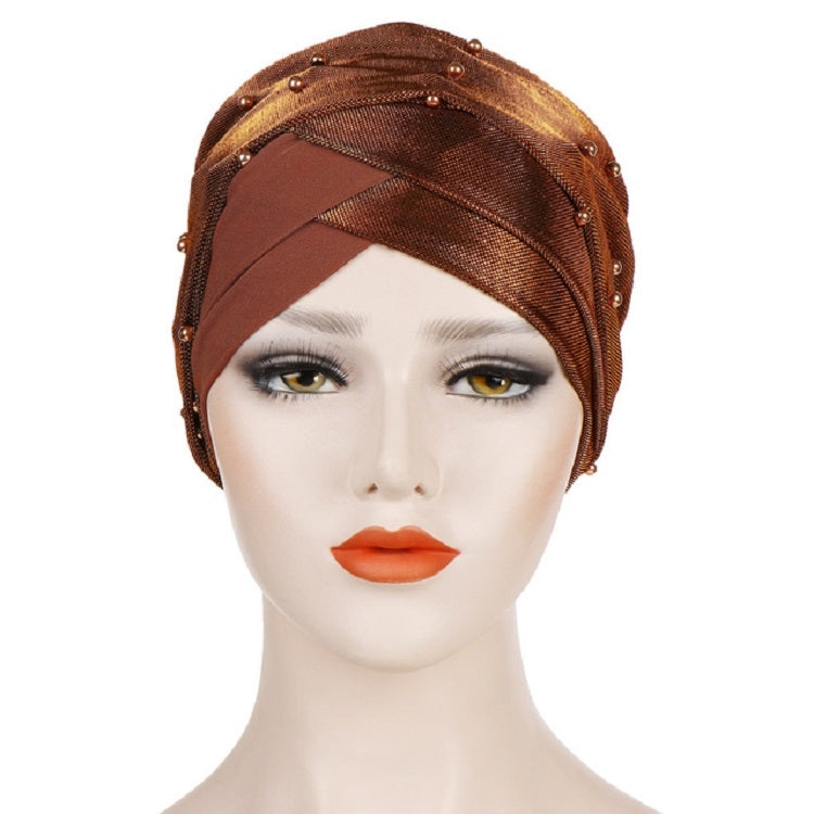 Women Beaded Two-color Turban Hat Bright Silk Cloth Hooded Cap