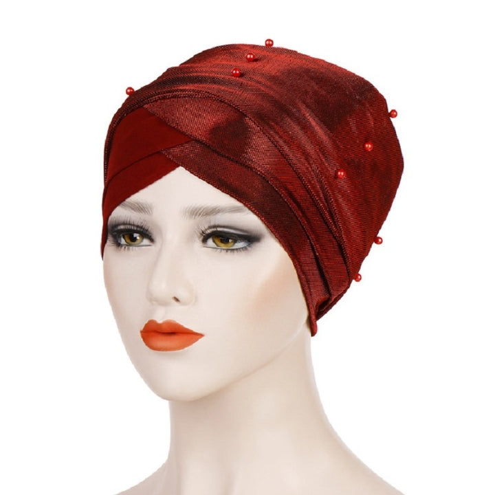 Women Beaded Two-color Turban Hat Bright Silk Cloth Hooded Cap