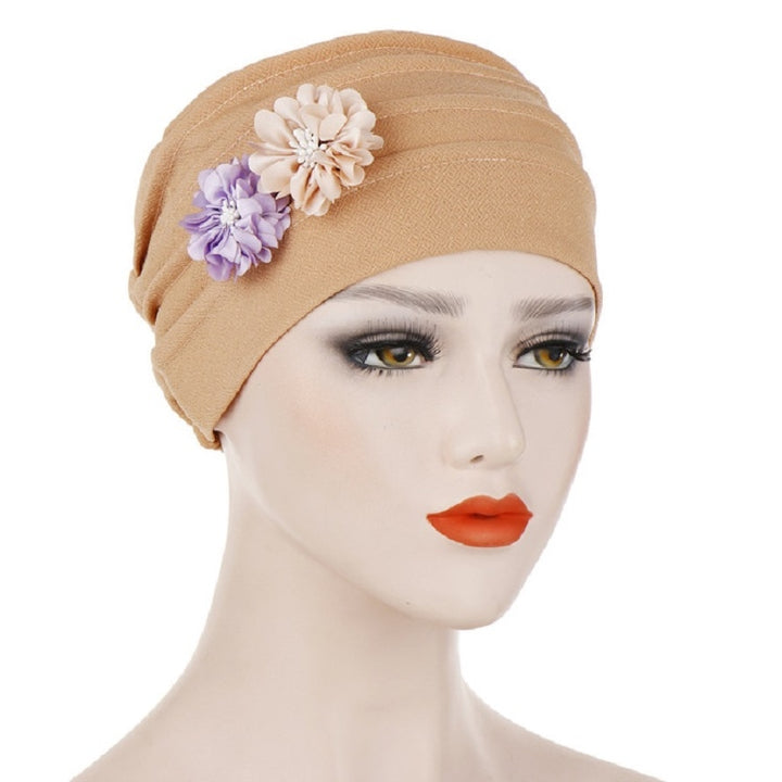 Flowers Decoration Linen Hexagon Turban Hat Wrap Cap