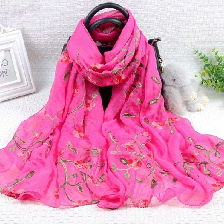 Autumn and Winter National Style Wild Peach Blossom Embroidery Pattern Long Lace Scarf Silk Scarf, 172 x 70cm