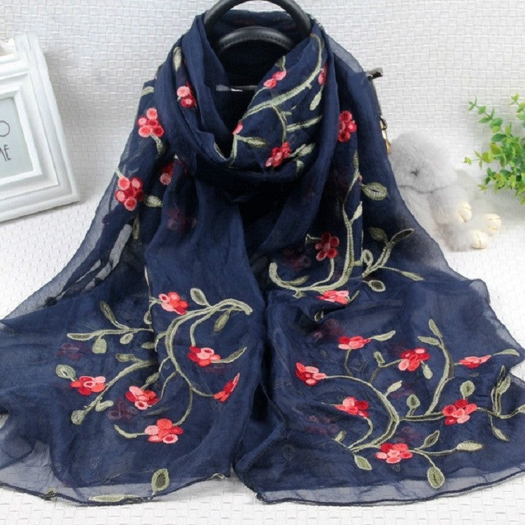 Autumn and Winter National Style Wild Peach Blossom Embroidery Pattern Long Lace Scarf Silk Scarf, 172 x 70cm