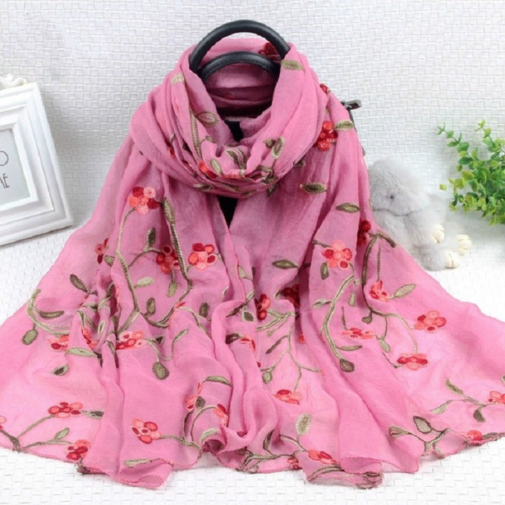 Autumn and Winter National Style Wild Peach Blossom Embroidery Pattern Long Lace Scarf Silk Scarf, 172 x 70cm