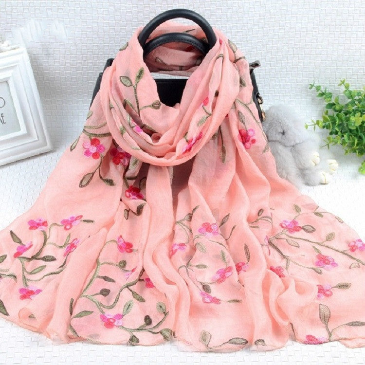 Autumn and Winter National Style Wild Peach Blossom Embroidery Pattern Long Lace Scarf Silk Scarf, 172 x 70cm