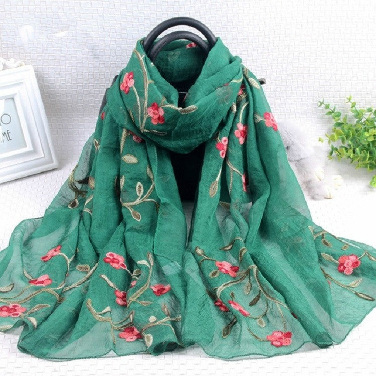 Autumn and Winter National Style Wild Peach Blossom Embroidery Pattern Long Lace Scarf Silk Scarf, 172 x 70cm