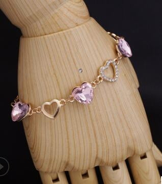 Romantic Heart Crystal Charm Bracelets for Women, Purple, Blue, Pink, Sky Blue