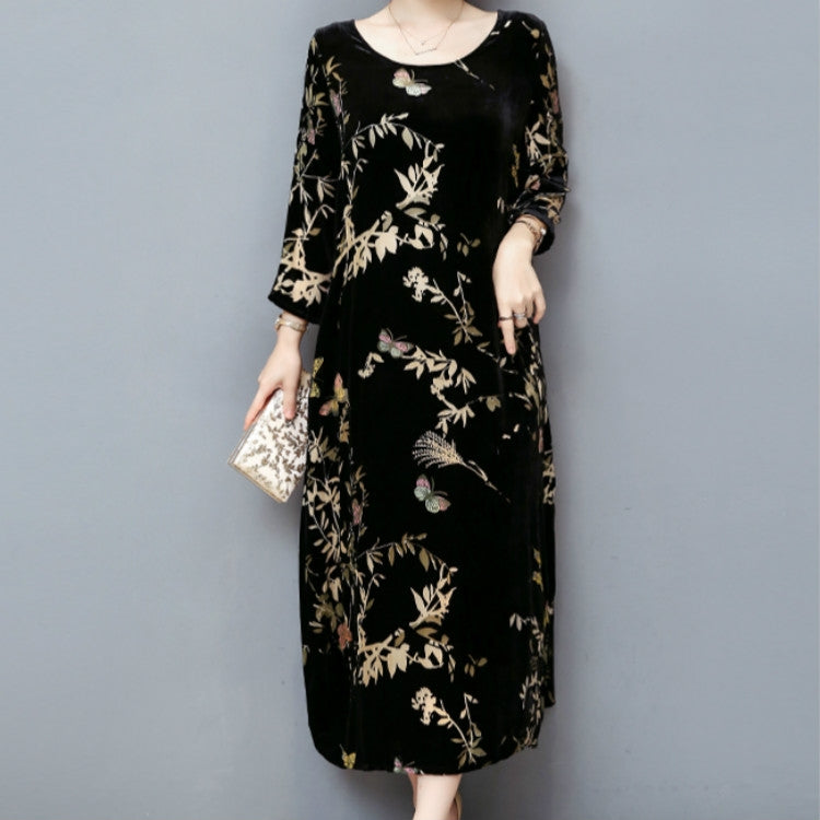 Cropped Sleeve Round Neck Long Dress Gold Velvet Loose Skirt, M, L, XL, XXL, XXXL, XXXXL