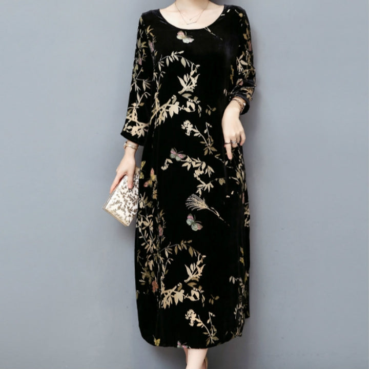 Cropped Sleeve Round Neck Long Dress Gold Velvet Loose Skirt, M, L, XL, XXL, XXXL, XXXXL