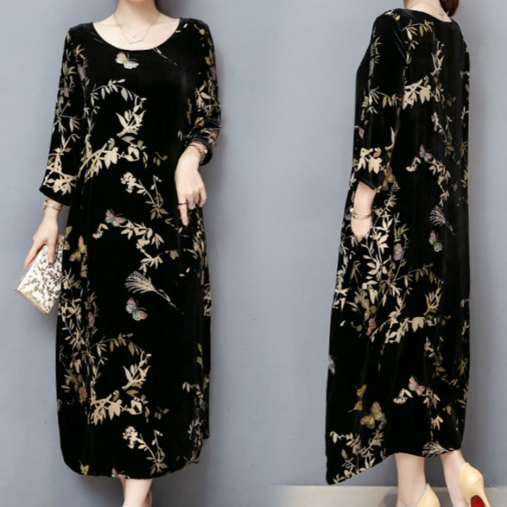 Cropped Sleeve Round Neck Long Dress Gold Velvet Loose Skirt, M, L, XL, XXL, XXXL, XXXXL