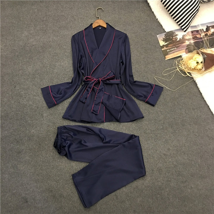 Bathrobe Pajamas Imitation Silk Pajamas Lapel Casual Silk Home Wear, M, L, XL