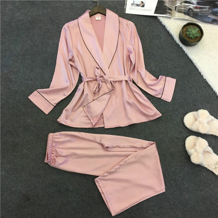 Bathrobe Pajamas Imitation Silk Pajamas Lapel Casual Silk Home Wear, M, L, XL