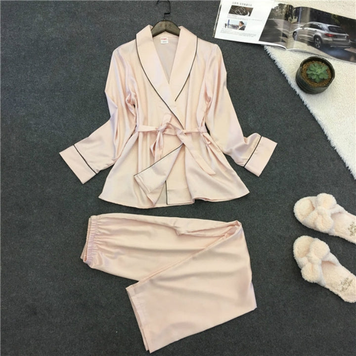 Bathrobe Pajamas Imitation Silk Pajamas Lapel Casual Silk Home Wear, M, L, XL