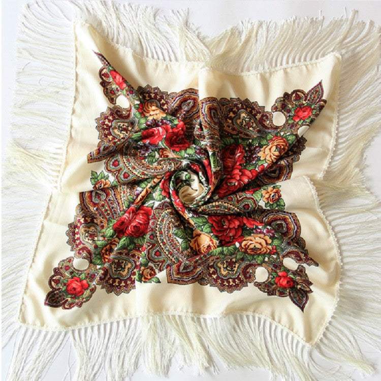 Ethnic Style Retro Tassel Square Scarf Flower Pattern Headscarf Scarf, 90 x 90cm Red, 90 x 90cm Yellow, 90 x 90cm Purple, 90 x 90cm Khaki, 90 x 90cm Black, 90 x 90cm Pink, 90 x 90cm Peacock Blue, 90 x 90cm Middle Blue, 90 x 90cm Sapphire, 90 x 90cm Navy