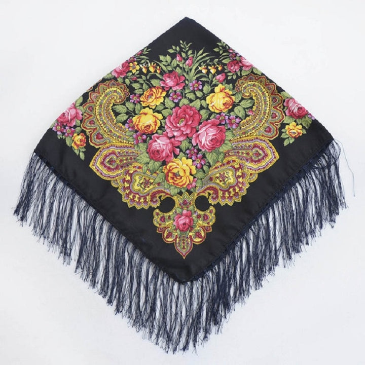 Ethnic Style Retro Tassel Square Scarf Flower Pattern Headscarf Scarf, 90 x 90cm Red, 90 x 90cm Yellow, 90 x 90cm Purple, 90 x 90cm Khaki, 90 x 90cm Black, 90 x 90cm Pink, 90 x 90cm Peacock Blue, 90 x 90cm Middle Blue, 90 x 90cm Sapphire, 90 x 90cm Navy