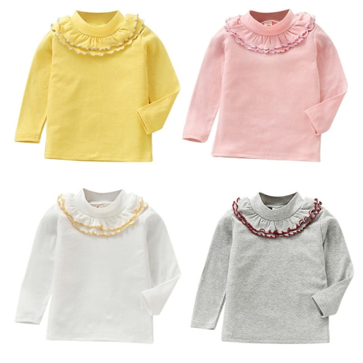 Spring Girls Solid Color Lace Round Neck Bottoming Shirt Children Clothing, 90cm, 100cm, 110cm, 120cm, 130cm