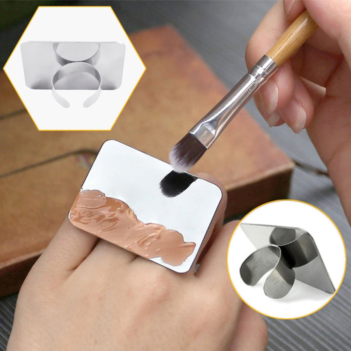 Salon Manicure Finger Ring Color Palette Make Up Cream Foundation Mixing Palette Cosmetic Make up Tool Stainless Steel Plate, Small Square