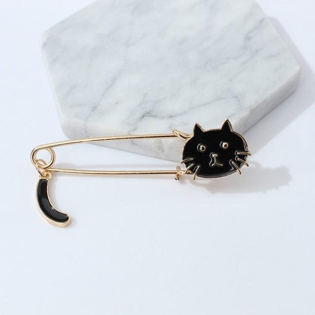 Lovely Drip Small Cat Wagging Tail Animal Brooch, Black, White