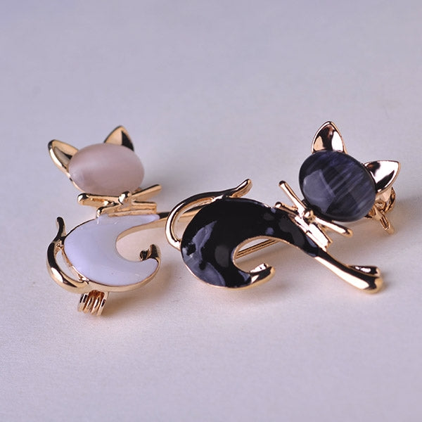 Cute Cat Brooch Cat Eye Stone Brooch, White, Black