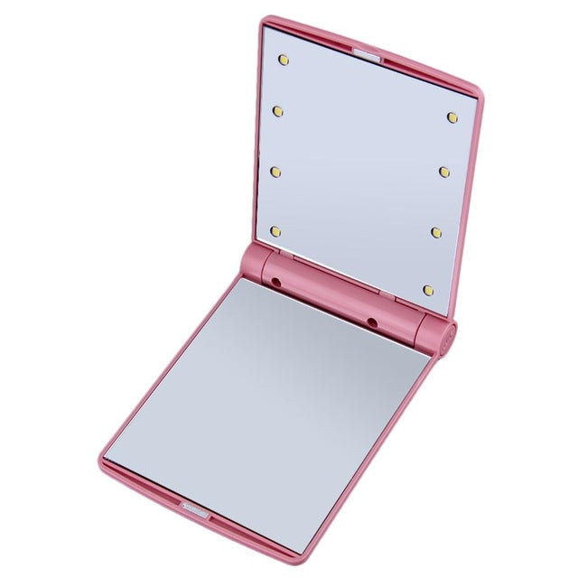 Lady Cosmetic Vanity Mirror Folding Portable Pocket  Built-in LED Lighting Bulbs