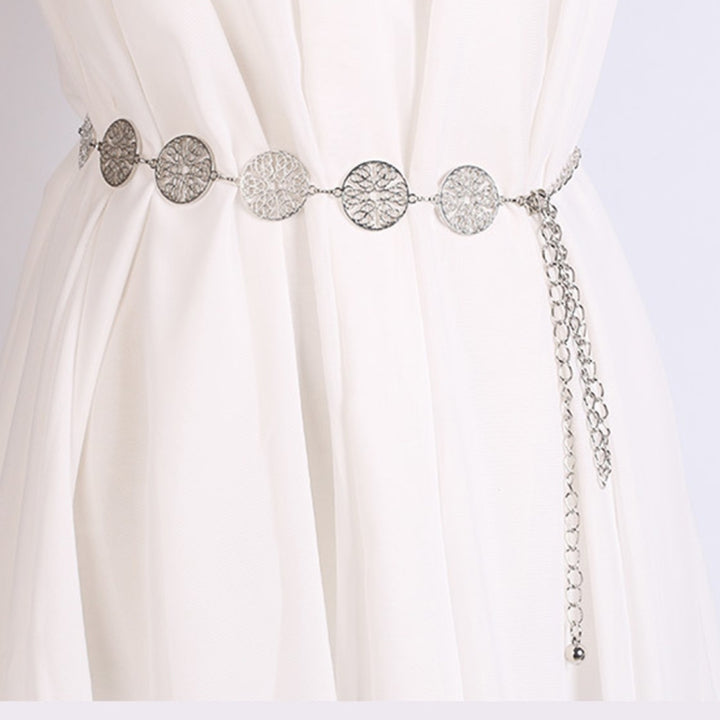 Women Metal Waist Chain Openwork Circle Decoration Waist-chain Lady Dress Belt, Length: 110cm