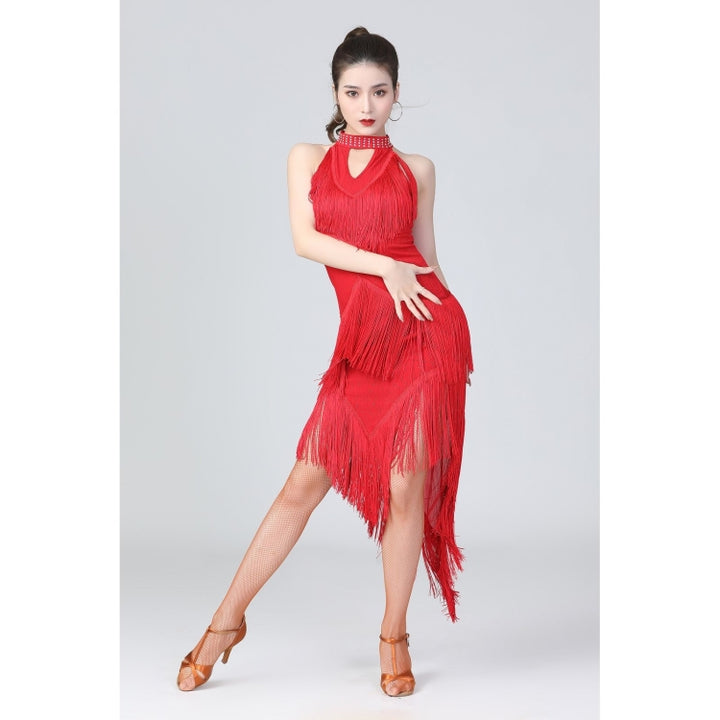 Halter Neck Irregular Tassel Latin Dance Dress Competition Performance Suit With Separate Bottoms, M, L, XL