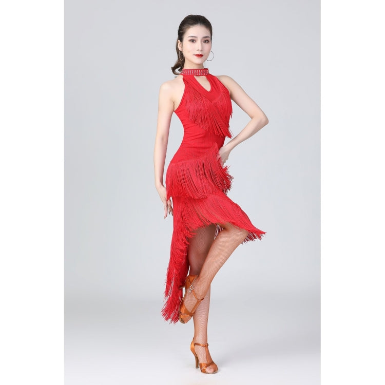 Halter Neck Irregular Tassel Latin Dance Dress Competition Performance Suit With Separate Bottoms, M, L, XL