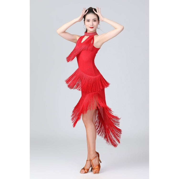 Halter Neck Irregular Tassel Latin Dance Dress Competition Performance Suit With Separate Bottoms, M, L, XL