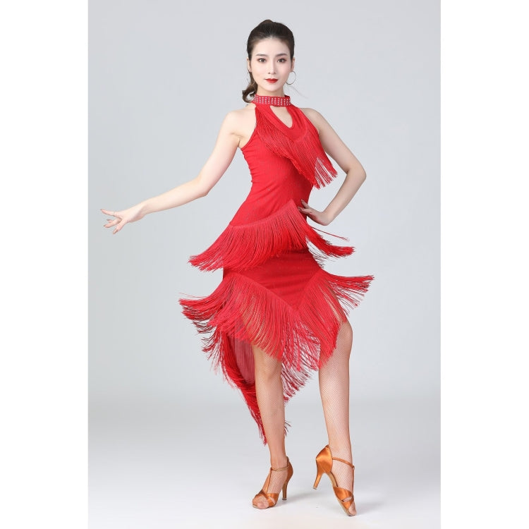 Halter Neck Irregular Tassel Latin Dance Dress Competition Performance Suit With Separate Bottoms, M, L, XL