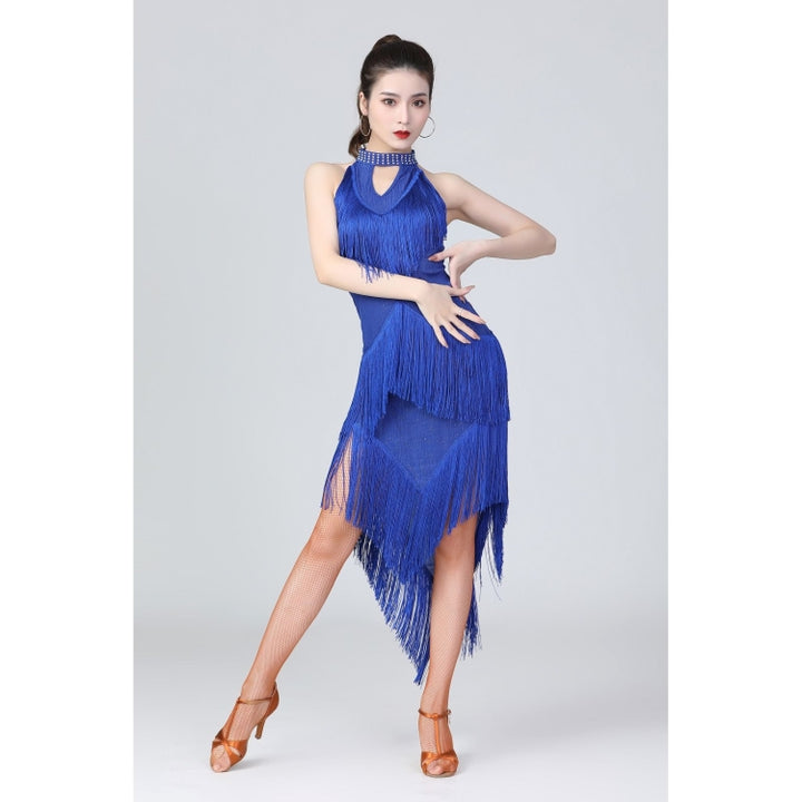 Halter Neck Irregular Tassel Latin Dance Dress Competition Performance Suit With Separate Bottoms, M, L, XL