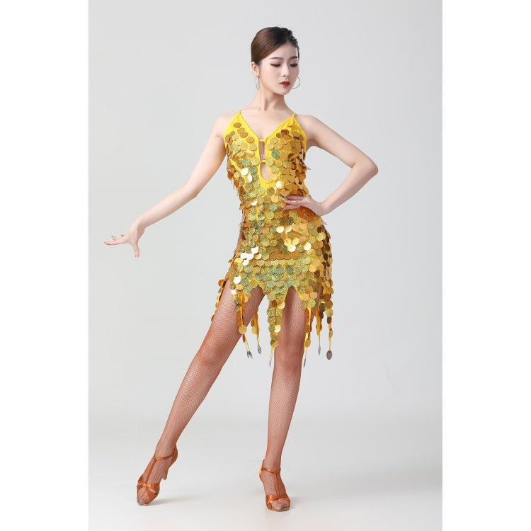 Sling Sequin Deep V Latin Dance Dress Competition Performance Costume, Free Size