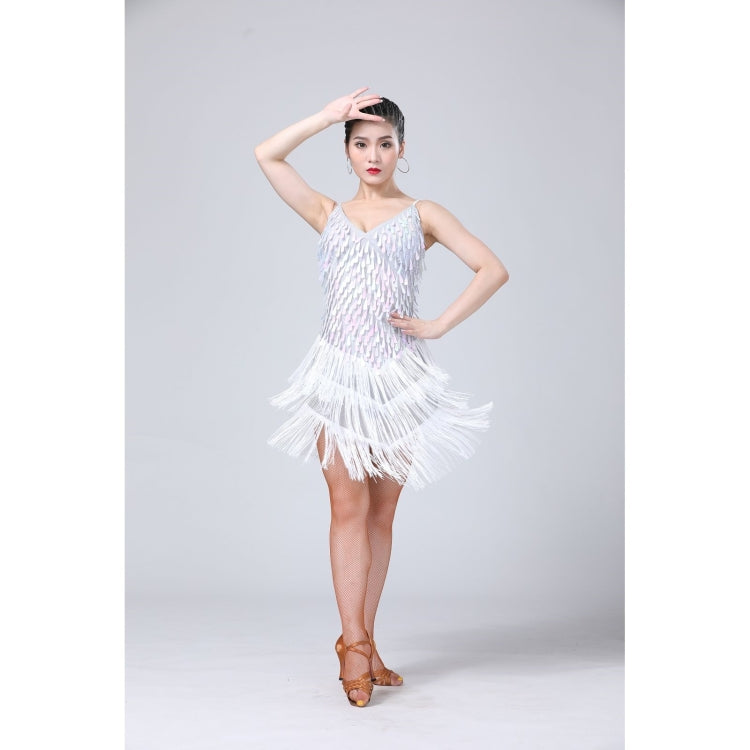 Waterdrop Fringed Sequins Suspenders Latin Dance Dress Competition Performance Suit, Free Size