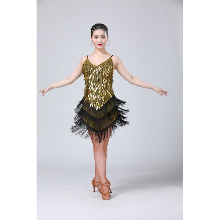 Waterdrop Fringed Sequins Suspenders Latin Dance Dress Competition Performance Suit, Free Size