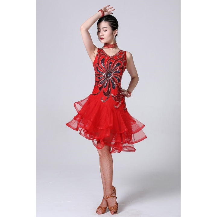 5 in 1 Sleeveless Latin Dance Dress + Collar + Separate Bottoms + Bracelets Set, M, L, XL, XXL