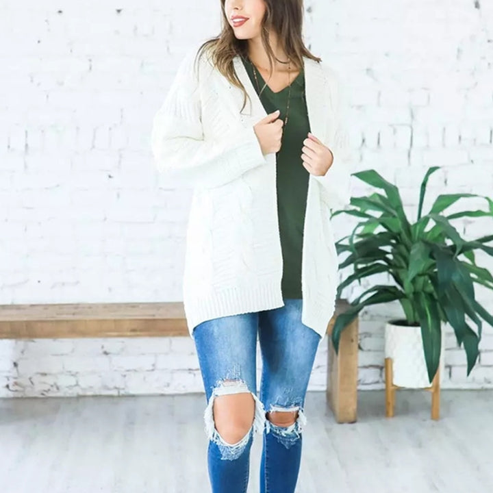 Mid-length Style Solid Color Thick Thread Twist Cardigan Knit Sweater, S, M, L, XL