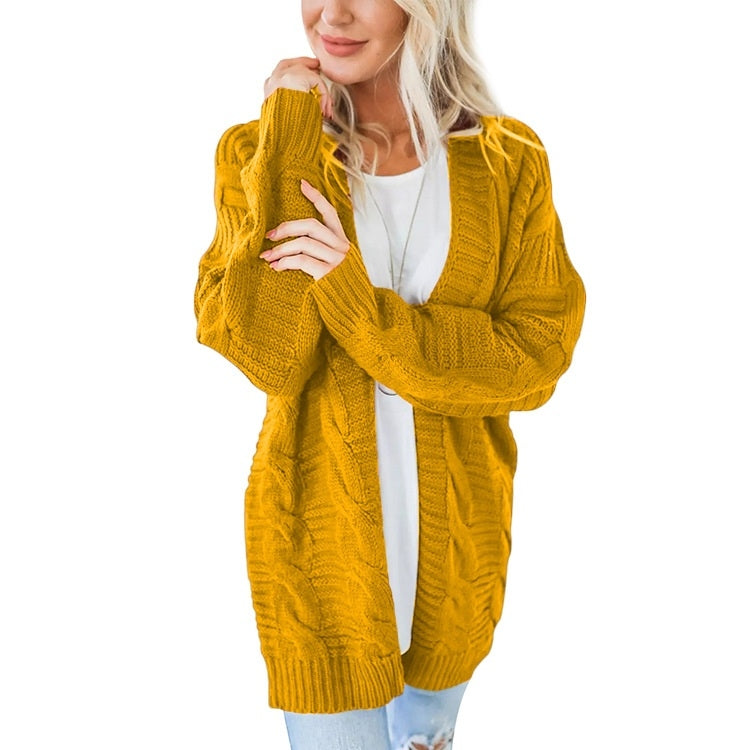 Mid-length Style Solid Color Thick Thread Twist Cardigan Knit Sweater, S, M, L, XL