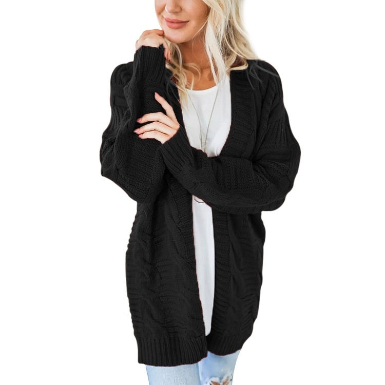 Mid-length Style Solid Color Thick Thread Twist Cardigan Knit Sweater, S, M, L, XL