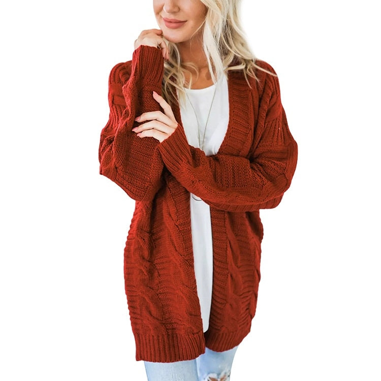 Mid-length Style Solid Color Thick Thread Twist Cardigan Knit Sweater, S, M, L, XL