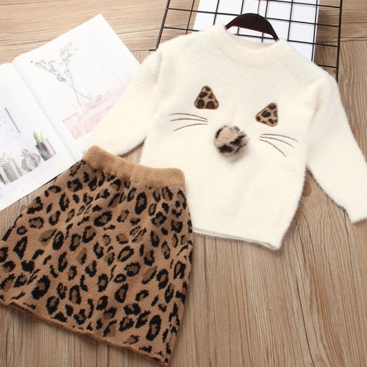 Girl Solid Color Sweater Mink Velvet + Leopard Skirt Two-piece, 90, 100, 110, 120, 130