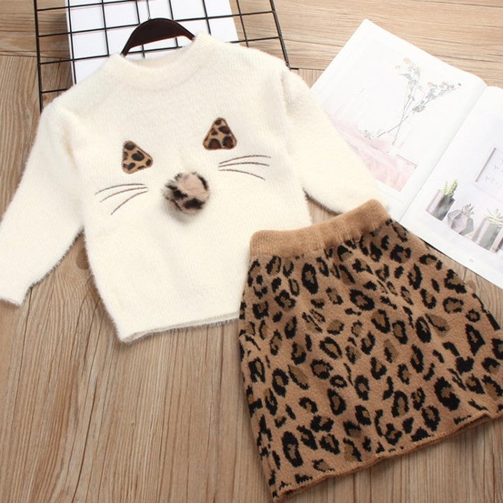 Girl Solid Color Sweater Mink Velvet + Leopard Skirt Two-piece, 90, 100, 110, 120, 130